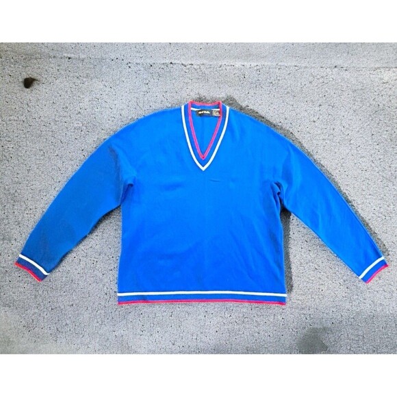 Mort Wallin Vintage 100% Wool V Neck Sweater Mens L Royal Blue Red White Preppy - Picture 1 of 8